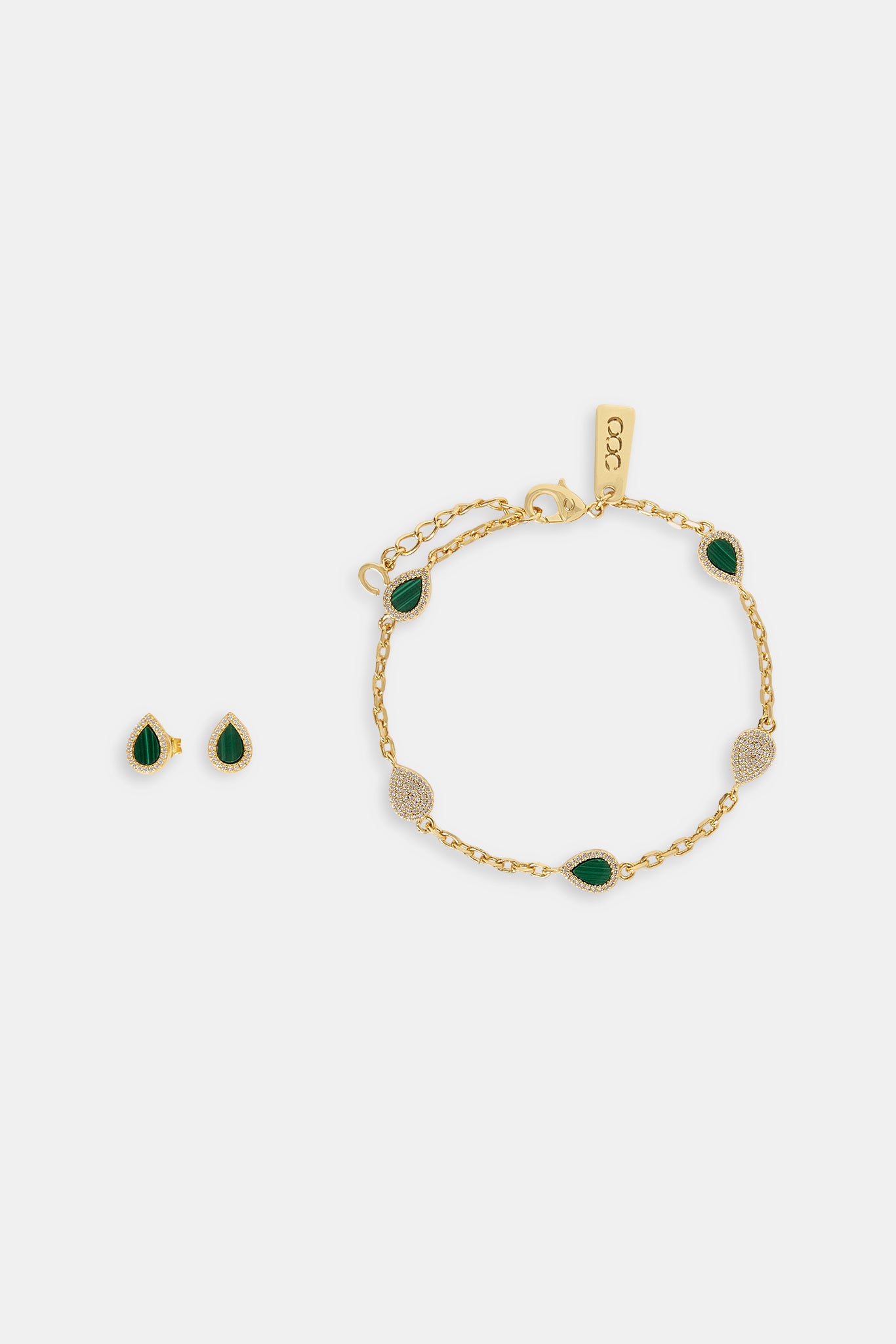 Green Malachite Stone Pear Rolo Bracelet & Stud Earrings